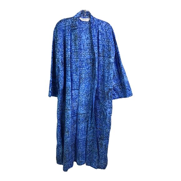 The Vermont Country Store Robe Womens Sz L Blue Geo 100% Cotton Tie Front Kimono - Picture 1 of 6